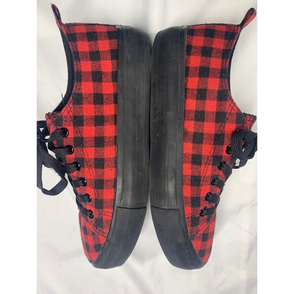 Hot Topic Sneakers Women Sz 11  Black Red Checked Flannel Gothic Punk Comfort - Picture 4 of 7